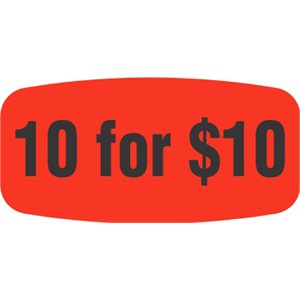Label - 10 For $10.00 Black On Red Short Oval 1000/Roll