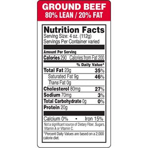 Label - Ground Beef-80% Lean/20% Fat(nut Fact) Red/Black/UV 1.5x3.0 In. 1M/Roll