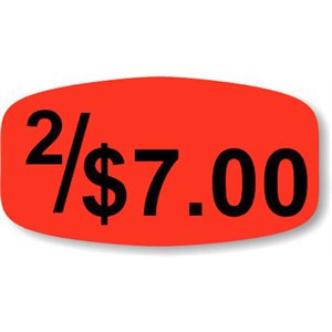 Label - 2/$7.00 Black On Red Short Oval 1000/Roll