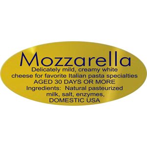 Label - Mozzarella Aged 30 Days Blue On Gold 0.875x1.9 In. Oval 500/Roll