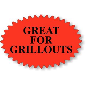 Label - Great For Grillouts Black On Red 1.5x2.25 In. Burst 500/Roll