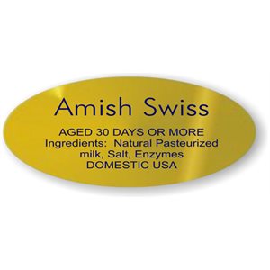 Label - Amish Swiss W/ing Blue On Gold 0.875x1.9 In. Oval 500/Roll
