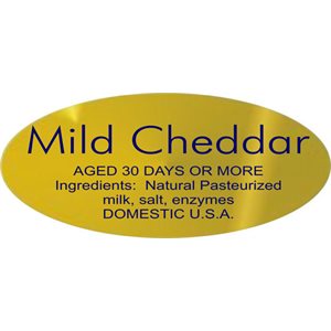 Label - Mild Cheddar W/ing Blue On Gold 0.875x1.9 In. Oval 500/Roll