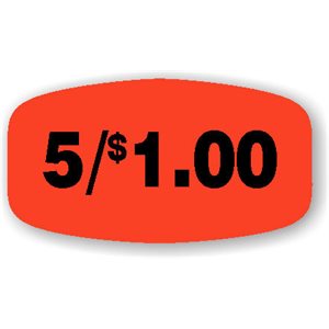 Label - 5/$1.00 Black On Red Short Oval 1000/Roll