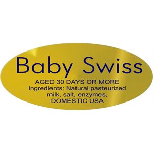 Label - Baby Swiss W/ing Blue On Gold 0.875x1.9 In. Oval 500/Roll