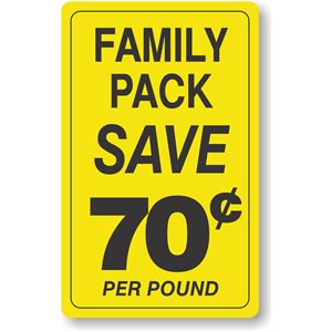 Label - Family Pack/Save 70¢ Per Pound Yellow/Black 2.2x3.6 In. 250/rl