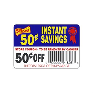 Label - Instant Savings- 50¢ Off (tearoff) Blue/Red/Yellow/Black 2x3 In. 250roll