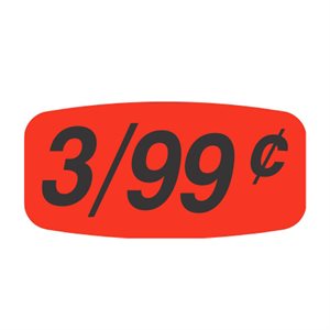 Label - 3/99¢ Black On Red Short Oval 1000/Roll