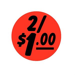 Label - 2/$1.00 Black On Red 1.25 In. Circle 1M/Roll