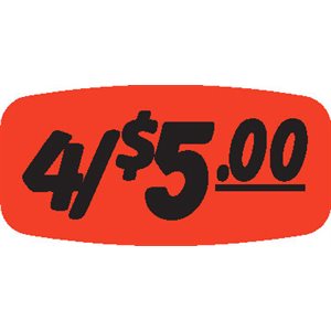 Label - 4/$5.00 Black On Red Short Oval 1000/Roll