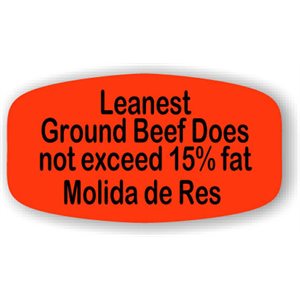 Label - Leanest Ground Beef Does Not Exceed 15% Fat/Molida De Res Black On Red Short Oval 1000/Roll