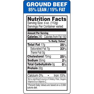 Label - Ground Beef-85% Lean/15% Fat(nut Fact) Blue/Black/UV 1.5x3.0 In. 1M/Roll