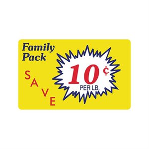 Label - Family Pack/Save 10¢/lb Yellow/Red/Blue 2.2x3.6 In. Burst 500/rl