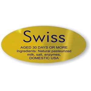 Label - Swiss (Domestic) Blue On Gold 0.875x1.9 In. Oval 500/Roll