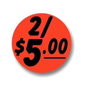 Label - 2/$5.00 Black On Red 1.25 In. Circle 1M/Roll