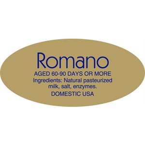 Label - Romano Cheese W/ing Blue On Gold 0.875x1.9 In. Oval 500/Roll