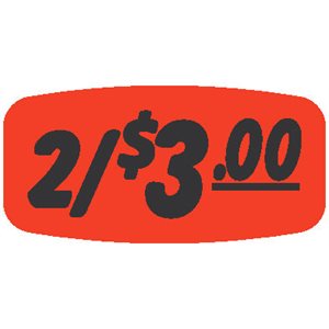 Label - 2/$3.00 Black On Red Short Oval 1000/Roll