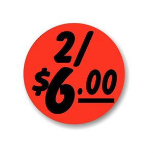 Label - 2/$6.00 Black On Red 1.25 In. Circle 1M/Roll