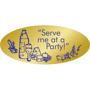 Label - Serve Me At A Party Blue On Gold 0.875x1.9 In. Oval 500/Roll