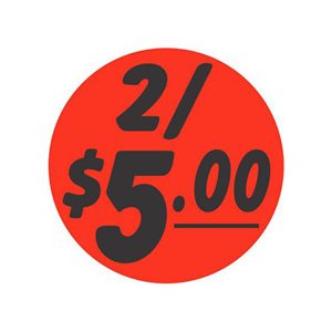 Label - 2/$5.00 Black On Red 1.5 In. Circle 1M/Roll