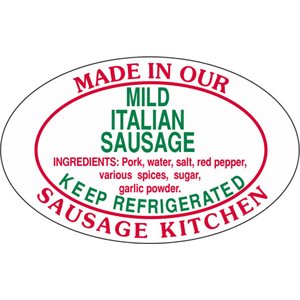 Label - Mild Italian Sausage/Made In Our.. Green/Red 1.25x2 In. Oval 500/rl