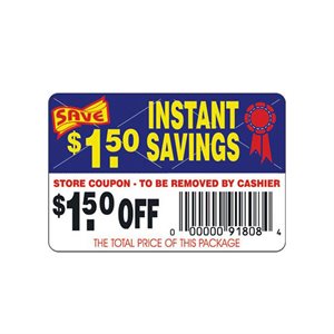 Label - Instant Savings-$1.50Off(tearoff) Blue/Red/Yellow/Black 2x3 In. 250roll