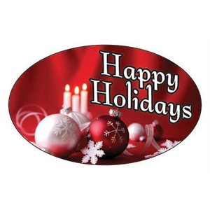Label - Happy Holidays (w/ornaments) 4 Color Process 1.25x2 In. Oval 500/rl