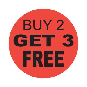 Label - Buy 2 Get 3 Free Black On Red 1.25 In. Circle 1M/Roll