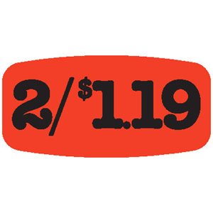 Label - 2/$1.19 Black On Red Short Oval 1000/Roll