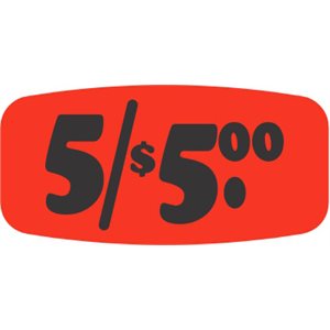 Label - 5/$5.00 Black On Red Short Oval 1000/Roll