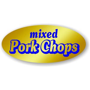 Label - Mixed Pork Chops Blue On Gold 0.875x1.9 In. Oval 500/Roll