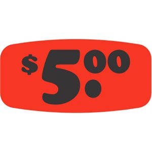Label - $5.00 Black On Red Short Oval 1000/Roll
