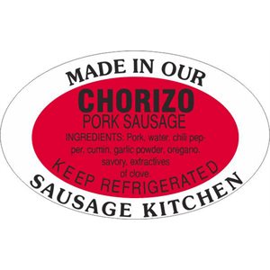 Label - Chorizo Pork Sausage/Made In Our..Kitchen Red/Black 1.25x2 In. Oval 500/rl