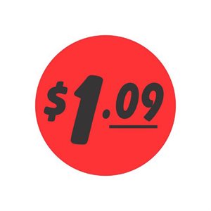 Label - $1.09 Black On Red 1.25 In. Circle 1M/Roll