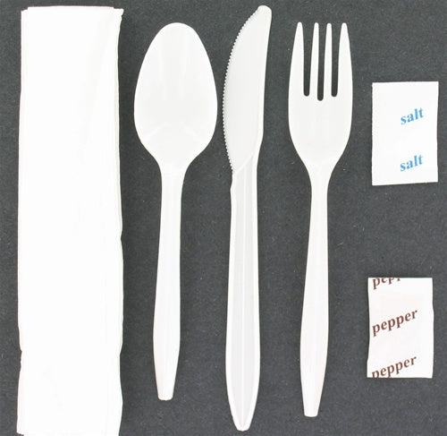 Cutlery Kit Medium Weight PP White Fork/Knife/Teaspoon/Salt&Pepper/Napkin 250/Case
