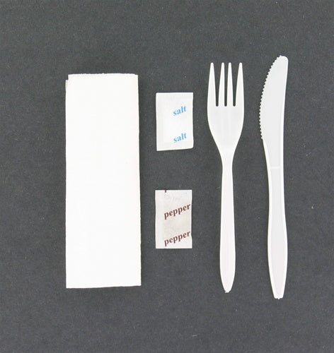 Cutlery Kit Medium Weight PP White Fork/Knife/Salt&Pepper/Napkin 250/Case