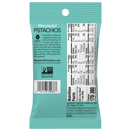 Wonderful Pistachios Pistachio No Shell Sea Salt & Vinegar-2.25 oz.-8/Box-3/Case