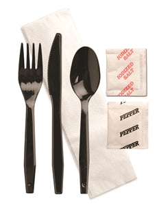 D & W Fine Pack Senate Knife-Fork-Spoon-Salt-Pepper-And Napkin Black Ebony Individually Wrapped Cutlery Kit-250 Each-250/Box-1/Case