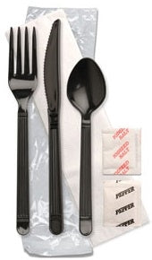 D & W Fine Pack Forum 13" X 13" Napkin-Ebony Fork-Knife-& Spoon-Salt & Pepper Meal Kit-250 Each-250/Box-1/Case