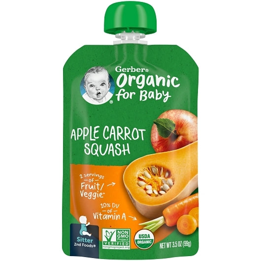 Gerber Organic Apple Carrot Squash Puree Baby Food Pouch-3.5 oz.-6/Box-2/Case