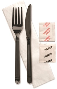 D & W Fine Pack Forum Knife-Fork-Salt-Pepper-And 1 Ply Napkin Black Ebony Individually Wrapped Cutlery Kit-250 Each-250/Box-1/Case