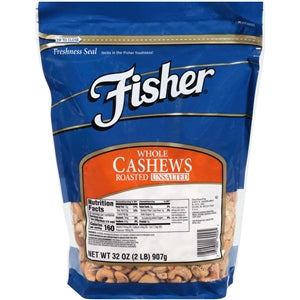 Fisher Roasted Whole Cashews No Salt-32 oz.-3/Case