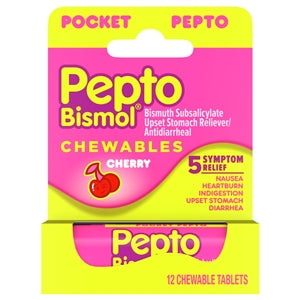 Pepto Multi-Symptom Upset Stomach To Go Cherry Chewable Tablets-12 Count-6/Box-4/Case