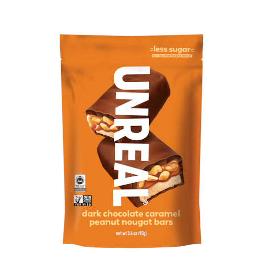 Unreal Brands Dark Chocolate Caramel Peanut Nougat Bars-3.4 oz.-6/Case