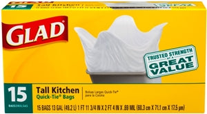 Glad Tall Quick Tie 13 Gallon Trash Bags-15 Count-12/Case