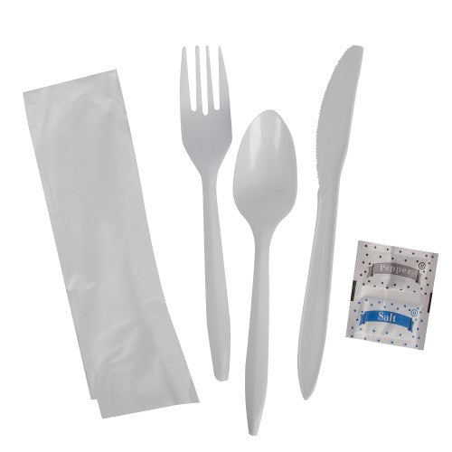 Polystyrene White Knife, Fork, Teaspoon Salt, Pepper And Napkin 250/Case