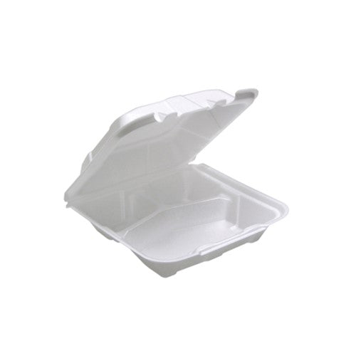 Vented Foam Hinged Lid Container, Dual Tab Lock, 3-compartment, 8.42 X 8.15 X 3, White, 150/carton