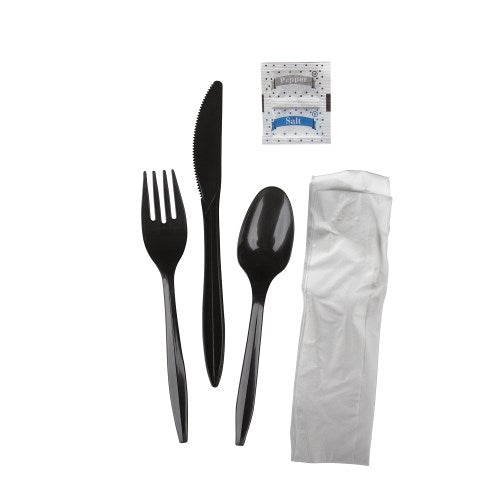 Prime Source Pp Knife Fork Teaspoon Salt And Pepper 10" X 12" Napkin Cutlery Kit Black Medium 250/Case