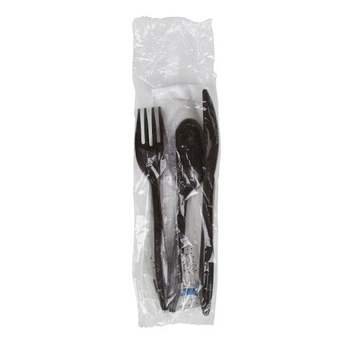 Prime Source Pp Knife Fork Teaspoon Salt And Pepper 10" X 12" Napkin Cutlery Kit Black Medium 250/Case