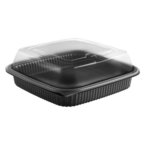 Culinary Squares 2-piece Microwavable Container, Deep Lid, 36 Oz, 8.46 X 8.46 X 2.91, Clear/black, Plastic, 150/carton